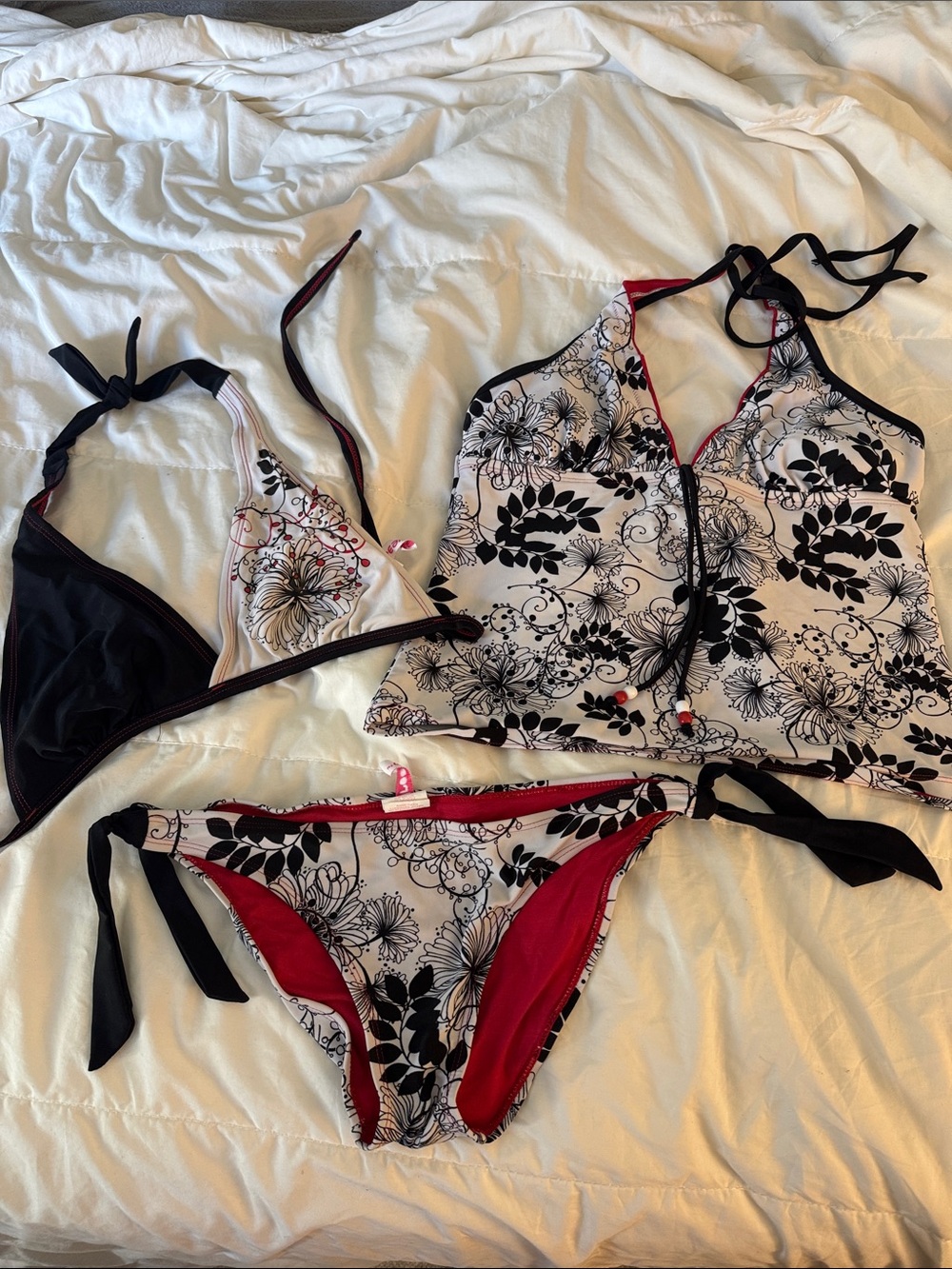 Women’s 3 Piece Floral Black & White Tankini Set with Red Accents